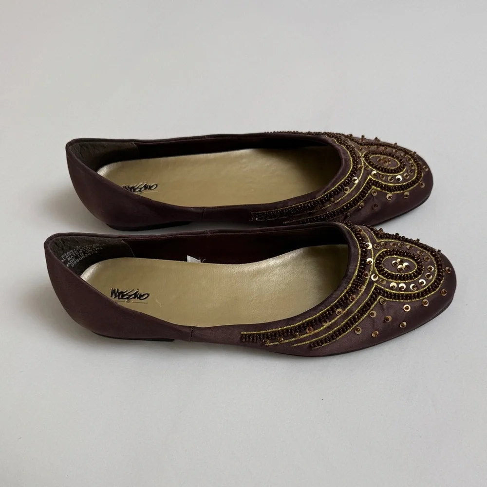 Vintage Y2K 90s Brown Embellished Sequined Slip On Flats Size 7.5 Whimsy Boho
